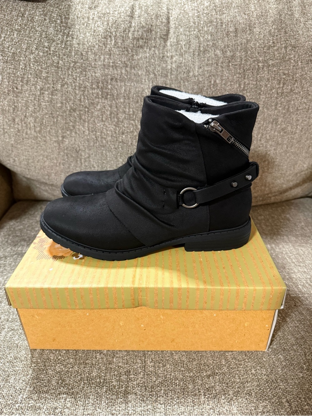 Very G Black Slouchy Ankle Boots with Side Zip and Strap Detail